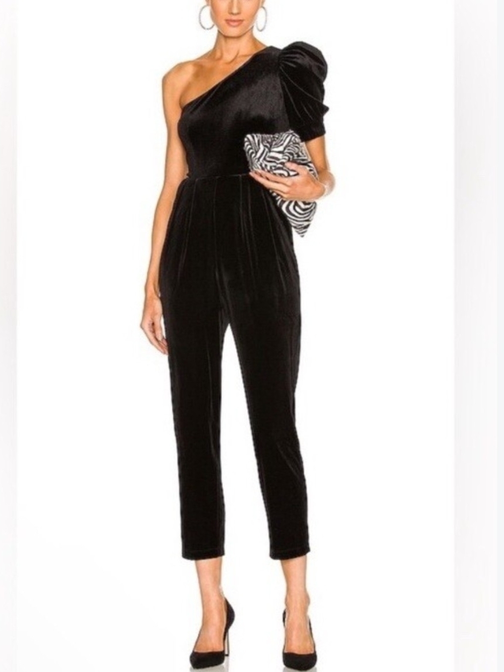Yumi Kim Black One-Shoulder Velvet Jumpsuit with Puff Sleeve Size S